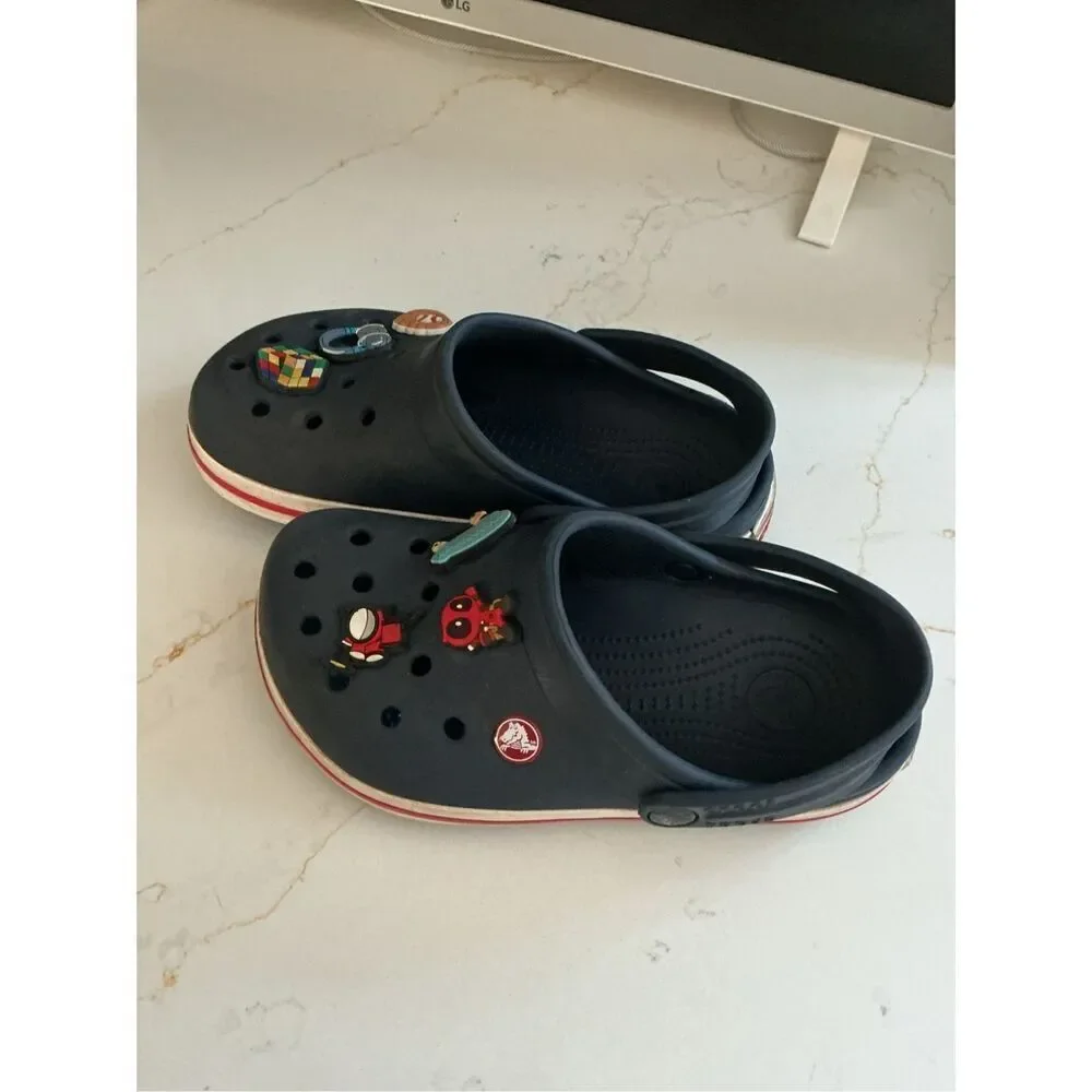 Crocs Crocband Navy Red Sz J2 Rubber Clogs with Jibbitz